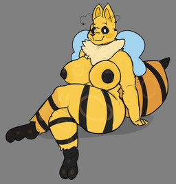2_toes abdomen_markings ankle_tuft antennae_(anatomy) anthro arthropod_abdomen back_wings big_breasts black_antennae black_feet black_markings black_nipples black_sclera black_snout black_stripes blue_wings blush breasts cheek_tuft crossed_legs curvy_figure ear_tuft ears_up facial_tuft feet female fur head_tuft leg_markings leg_tuft looking_at_viewer markings membrane_(anatomy) membranous_wings neck_tuft nipples nude simple_background sitting smile smiling_at_viewer snout solo stinger stinger_tail stripes tail tarsus thick_thighs thigh_markings toes tuft white_eyes wide_hips wings yellow_blush yellow_body yellow_ears yellow_fur ridge_(artist) cynthia_(roythewrastor) arthropod bee domestic_cat felid feline felis hybrid hymenopteran insect mammal 2026 absurd_res colored digital_drawing_(artwork) digital_media_(artwork) hi_res shaded