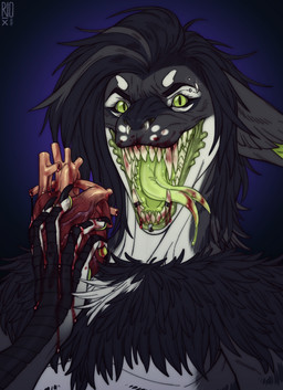 anthro barbell_piercing big_fangs black_body black_claws black_fur black_hair blood_on_tongue circular_barbell_piercing claws eyebrow_piercing eyelashes facial_piercing fangs finger_claws forked_tongue fur glistening glistening_eyes gore green_eyes green_lips hair heart_(organ) holding_heart_(organ) lip_piercing lip_ring lips looking_at_viewer male mouth_shot nose_piercing nude open_mouth organs piercing pupils ring_piercing septum_circular_barbell septum_piercing simple_background slit_pupils solo teeth tongue white_body white_fur riorix species_request 2020 bust_portrait dated hi_res portrait signature