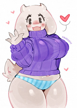 anthro big_breasts blue_clothing blue_panties blue_underwear blush bottomwear breasts clothed clothing eyelashes female floppy_ears fur gesture heart_symbol horn looking_at_viewer navel open_mouth open_smile panties pantsless pattern_bottomwear pattern_clothing pattern_panties pattern_underwear purple_clothing purple_sweater purple_topwear simple_background smile solo sparkles striped_bottomwear striped_clothing striped_panties striped_underwear stripes sweater tail thick_thighs topwear underwear waving waving_at_viewer white_background white_body white_fur wide_hips kawo_oshy undertale_(series) toriel boss_monster_(undertale) bovid caprine goat mammal absurd_res hi_res portrait three-quarter_portrait