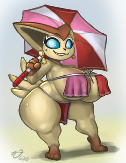 anthro areola big_breasts bikini blue_eyes breasts clothing female female_anthro huge_breasts huge_hips huge_thighs pink_areola shortstack solo swimwear thick_thighs two-piece_swimsuit umbrella wide_hips wabutt nintendo pokemon vicky_(rubyqm) generation_5_pokemon legendary_pokemon pokemon_(species) victini 2026 digital_media_(artwork) hi_res