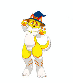 anthro belly clothing fur gesture hand_gesture hat headgear headwear magic_user male orange_body orange_fur simple_background smile solo tail v_sign white_belly white_body white_fur wizard_hat yellow_body munimuni luzo canid canine canis domestic_dog mammal absurd_res hi_res