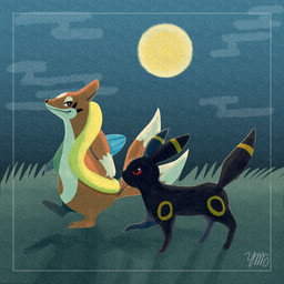2_tails 3_fingers ambiguous_gender biped black_body black_ears black_fur black_nose black_tail detailed_background duo feet feral fingers full_moon fur grass half-closed_eyes long_ears long_tail lying moon multi_tail narrowed_eyes night nude orange_body orange_fur orange_tail outside plant quadruped red_eyes standing tail teeth toes yorumoasamo nintendo pokemon eeveelution floatzel generation_2_pokemon generation_4_pokemon pokemon_(species) umbreon 2025 hi_res