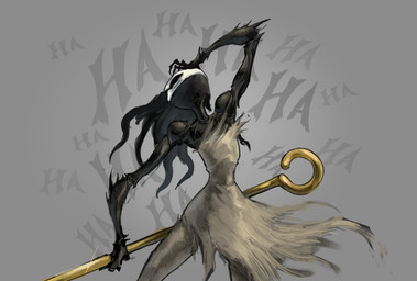 black_arms black_body black_exoskeleton black_fingers black_hair black_hands black_neck clothed clothing exoskeleton grey_background hair holding_object simple_background solo text shalopai hollow_knight:_silksong hollow_knight_(franchise) team_cherry phantom_(hollow_knight:_silksong) arthropod 2025 hi_res