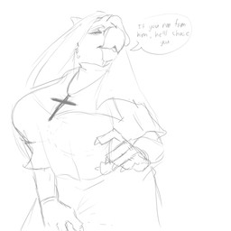 anthro big_breasts breasts clothed clothing cross cross_necklace female gesture jewelry lidded_eyes necklace non-mammal_breasts nun religion solo suggestive suggestive_gesture text toromi777_(artist) avian hybrid 1:1 absurd_res english_text hi_res monochrome unavailable_at_source