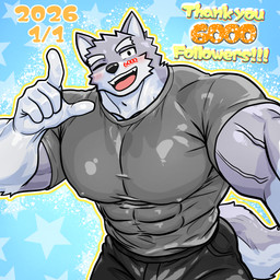 anthro barazoku big_muscles biped black_clothing black_eyes black_shirt black_topwear clothing fur grey_body grey_fur male muscular muscular_anthro muscular_male one_eye_closed shirt solo topwear lily_(pixiv) canid canine canis mammal wolf 2026 absurd_res hi_res
