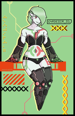 binary_code clothing crop_top cybernetic_arm cybernetic_limb cybernetics cyberpunk female green_and_red green_body green_hair hair horn machine midriff multicolored_body shirt solo tattoo topwear underwear whiz(g4rdeoir_01)_(nickzilla) x_symbol imjustcami nintendo pokemon cyborg gardevoir generation_3_pokemon humanoid pokemon_(species) hi_res