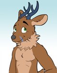 anthro antlers arm_tuft blue_antlers blue_markings brown_body brown_ears brown_fur chest_tuft closed_smile facial_markings fur gradient_background green_eyes head_markings head_tuft horn looking_at_viewer male markings mouth_closed neck_tuft shoulder_tuft simple_background smile solo tan_body tan_fur tan_inner_ear tuft bucklebunny deer mammal half-length_portrait hi_res portrait