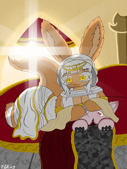 anthro bandage big_breasts breasts brown_body brown_fur circlet claws clothed clothed_female clothing cosplay curvy_figure cute_fangs duo fangs female fur gold_(metal) gold_jewelry hair horizontal_pupils jewelry lens_flare light lying missing_eye on_side pink_body pink_eyes pink_fur pupils reclining shawl sunlight tail teeth thick_tail thick_thighs veil voluptuous white_clothing white_hair wide_hips yellow_eyes fgkings dark_souls fromsoftware made_in_abyss gwynevere mitty nanachi lagomorph leporid mammal narehate rabbit 3:4 absurd_res hi_res