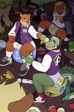 alcohol alcohol_bottle anthro baby_bottle balled_up_diaper beverage beverage_bottle beverage_can bodily_fluids bottle bottomless chips_(food) clothed clothing container diaper duo_focus fist_bump food food_on_floor footwear genital_fluids gesture group jacket letterman_jacket male one_eye_closed onesie pacifier pizza pizza_slice potty potty_chair red_solo_cup sex_toy shoes_on socks stained tongue tongue_out topwear training_potty unclean_diaper urine used_diaper vibrator wand_vibrator wet_diaper amomon alligator alligatorid bear canid canine crocodilian felid lion mammal pantherine reptile scalie absurd_res hi_res