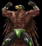 5_fingers abs anthro beak biceps black_background bottomwear brown_body brown_feathers cape_feather chest_tuft claws clothing feathered_wings feathers fingers flexing flexing_bicep flexing_both_biceps fur gloves hair handwear looking_up lucha_libre_mask luchador male mask multicolored_body multicolored_fur multicolored_hair muscular muscular_anthro muscular_male pecs pose pubes serratus simple_background solo sports_mask sportswear standing teeth toothed_beak triceps tuft wings wrestler wrestling_mask yellow_beak yellow_eyes amon-sydonai aguila_real accipitrid accipitriform avian bird eagle hi_res watermark