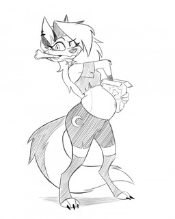 anthro belly bone_in_mouth bottomwear box claws clothing collar container ear_piercing female food_in_mouth fur hair holding_box holding_container holding_object leggings legwear overweight overweight_anthro overweight_female piercing shirt shorts slightly_chubby slightly_chubby_anthro slightly_chubby_female solo spiked_collar spikes standing stuffing tail tank_top topwear convexpert hellaverse helluva_boss mythology loona_(helluva_boss) canid canid_demon canine demon hellhound mammal mythological_canine mythological_creature 2025 hi_res signature
