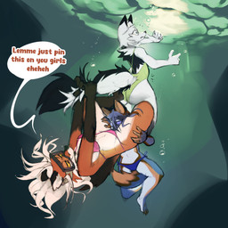 5_fingers anthro anthro_on_anthro barefoot big_butt bikini black_body black_ear_tips black_ears black_fur black_tail blue_bikini blue_body blue_clothing blue_eyes blue_fur blue_hair blue_swimwear breasts brown_body brown_eyes brown_fur brown_hair bubble butt clothed clothed_anthro clothed_female clothing dialogue dipstick_ears diving_mask ear_markings face_in_crotch feet female female/female female_anthro fingers fluffy fluffy_tail fur furgonomics green_clothing green_one-piece_swimsuit green_swimwear group hair half-closed_eyes hand_on_leg hand_on_thigh humanoid_hands leg_grab light light_beam long_hair mask medium_breasts midriff multicolored_body multicolored_ears multicolored_fur multicolored_hair narrowed_eyes navel notched_ear one-piece_swimsuit orange_body orange_fur orange_text pink_bikini pink_clothing pink_swimwear snout speech_bubble sunbeam sunlight surprised swimming swimwear tail tail_grab talking_to_another tan_body tan_fur text thigh_grab trio two-piece_swimsuit two_tone_body two_tone_ears two_tone_fur two_tone_hair two_tone_tail underwater water white_body white_ears white_fur white_hair white_inner_ear white_tail wide_eyed yellow_sclera lichee pepper_(lichee) canid canine fox hybrid mammal mephitid red_fox skunk true_fox 1:1 2023 english_text hi_res