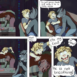 5_panel_comic anthro black_clothing black_hair black_shirt black_topwear blonde_hair blue_eyes bothered brown_eyes cheek_tuft cigarette cigarette_in_mouth clothing dialogue facial_tuft fur furniture grey_body grey_fur group hair hand_on_shoulder inside kissing lighting_cigarette logo looking_at_another lounging lying lying_on_sofa male male/male name_in_dialogue nervous nervous_smile object_in_mouth oh_my_god on_back on_sofa page_number red_hair shirt shocked sofa speech_bubble sweater text topwear trio tuft unconscious waving_hand yellow_body yellow_fur kriek_wildebeest jeremy_(kriek_wildebeest) ravi_(kriek_wildebeest) tom_(kriek_wildebeest) border_collie canid canine canis collie domestic_dog herding_dog husky hybrid mammal nordic_sled_dog pastoral_dog portuguese_water_dog sheepdog spitz wolf 1:1 artist_logo comic english_text hi_res