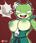 anthro apron apron_only areola big_breasts breasts clothing clothing_pull curvy_figure dialogue female flower green_areola green_body nipples non-mammal_breasts non-mammal_nipples plant shocked solo surprise surprised_expression shnuzzlez i_mean_breast_milk lily_(shnuzzlezz) amphibian frog absurd_res hi_res meme