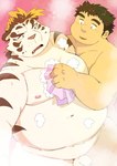 anthro balls bathing belly big_belly blush duo flaccid foreskin genitals human_on_anthro humanoid_genitalia humanoid_penis interspecies kemono long_foreskin male male/male moobs nipples nude overweight overweight_male penis stripes unretracted_foreskin white_body arufina_w lifewonders tokyo_afterschool_summoners chubby_protagonist_(tas) licho_(tas) protagonist_(tas) felid human mammal pantherine tiger 2024 hi_res