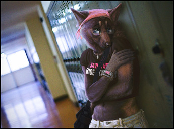 anthro clothed clothing eyewear female glasses high_school kerchief locker midriff photo photo_background photorealism real realistic sad school school_hallway simple_background solo kannos third-party_edit canid canine canis mammal wolf detailed photo_manipulation photography_(artwork) photomorph