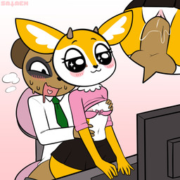 anthro blush bodily_fluids bottomwear breast_grab breasts butt chair clothed clothing computer desk duo electronics female furniture genitals groping_from_behind half-closed_eyes hand_on_breast male male/female narrowed_eyes nipples office office_chair open_mouth penetration penis sex skirt spread_legs spreading sweat table vaginal vaginal_penetration sataenart aggretsuko sanrio chief_komiya tsunoda_(aggretsuko) antelope bovid gazelle herpestid mammal meerkat thomson's_gazelle true_antelope 1:1 absurd_res hi_res