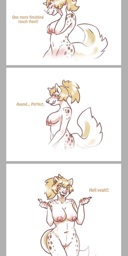 after_transformation anthro blush breasts dialogue digitigrade female genitals hair nipples nude ponytail simple_background smile solo text transformation underbite vulva white_background strawberrytfs kiki_(woodsie13) hyena mammal spotted_hyena artist_name comic english_text hi_res shaded