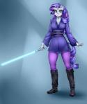 5_fingers anthro anthrofied blue_eyes blue_lightsaber boots bottomwear breasts cleavage clothed clothing eyebrows eyelashes female fingers footwear fully_clothed grey_background hair holding_object holding_weapon horn lightsaber long_hair looking_at_viewer melee_weapon pants purple_hair shoes simple_background solo standing weapon white_body white_skin pia-sama friendship_is_magic hasbro my_little_pony mythology star_wars rarity_(mlp) equid equine mammal mythological_creature mythological_equine unicorn 2016 5:6 signature