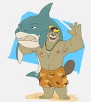 anthro blonde_hair bottomwear brown_body brown_fur clothing fur hair male muscular muscular_anthro muscular_male nipples pecs shorts solo kiba24 animal_crossing nintendo c.j._(animal_crossing) beaver fish mammal marine rodent shark absurd_res hi_res