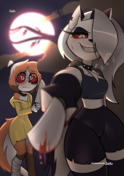 anthro bandage bandaged_leg blood blood_on_face blood_on_weapon bodily_fluids clothing coat collar duo eyewear female fingerless_gloves glasses gloves handwear holding_knife holding_melee_weapon holding_object holding_weapon knife looking_at_viewer melee_weapon raincoat red_sclera text topwear weapon jizoku hellaverse helluva_boss mythology fan_character loona_(helluva_boss) sol_(jizoku) canid canid_demon canine demon hellhound mammal mythological_canine mythological_creature hi_res url