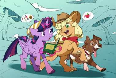 book cartoon_freckles cloud collar female feral freckled_face freckles group horn kerchief magic neckerchief neckwear plant tree trio wings doodlemark friendship_is_magic hasbro my_little_pony mythology applejack_(mlp) twilight_sparkle_(mlp) winona_(mlp) canid canine earth_pony equid equine horse mammal mythological_creature mythological_equine pony winged_unicorn absurd_res hi_res