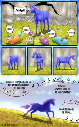 ambiguous_feral ambiguous_gender animal_noises blue_body blue_fur blue_hair blue_tail day dialogue feral fur grass green_body green_fur green_hair green_tail group hair hooves horn lyrics mane orange_body orange_fur pink_body pink_fur pink_horn pink_mane pink_tail plant purple_body purple_fur purple_hooves red_hair red_tail rock running running_away screaming standing tail text what young young_ambiguous young_feral inshi_(artist) fluffy_pony junji_ito_(copyright) mythology the_enigma_of_amigara_fault equid equine fluffy_pony_(species) mammal mythological_creature mythological_equine unicorn 2023 absurd_res comic digital_media_(artwork) english_text hi_res shaded spanish_text