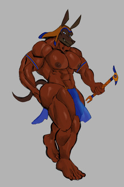 abs blue_clothing blue_eyes brown_body clothing deltoids egyptian egyptian_clothing egyptian_headdress feet genitals glans gold_(metal) gold_jewelry grey_background headdress headgear humanoid_feet humanoid_genitalia humanoid_hands humanoid_penis jewelry looking_at_viewer male muscular muscular_male nemes nipples pecs penis plantigrade simple_background smile smiling_at_viewer solo staff tail translucent translucent_clothing walking walking_towards_viewer tiburalgo egyptian_mythology middle_eastern_mythology mythology anubis animal_humanoid anubian_jackal canid canid_humanoid canine canine_humanoid canis deity humanoid jackal jackal_humanoid mammal mammal_humanoid hi_res