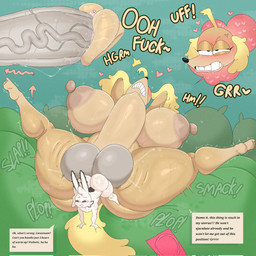 abdominal_bulge anthro balls big_balls big_breasts big_penis blonde_hair breasts brown_body butt condom_wrapper duo female genitals hair huge_balls huge_breasts huge_penis male male/female penetration penis text thick_thighs vaginal vaginal_penetration white_body lokbunny17 cuphead_(game) studio_mdhr lok_bunny sergeant_o'fera amoeba_(organism) aquatic canid canine canis domestic_dog lagomorph leporid mammal rabbit english_text hi_res