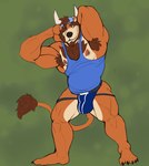 armpit_hair blue_clothing blue_jockstrap blue_underwear body_hair bulge chest_hair clothing detailed_bulge green_eyes horn jock jockstrap male muscular nipple_piercing nipples piercing shirt solo tank_top topwear underwear heartlessfang bear bovid bovine cattle hybrid mammal absurd_res hi_res