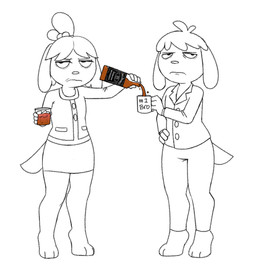 accessory alcohol anthro beverage blouse bottomwear clothing coffee_mug digitigrade duo eye_bags female frown frowning_at_viewer grumpy hair_accessory jacket male pants skirt tail tired_eyes topwear whiskey abigrock animal_crossing jack_daniel's nintendo digby_(animal_crossing) isabelle_(animal_crossing) canid canine canis domestic_dog mammal shih_tzu toy_dog absurd_res hi_res brother_(lore) brother_and_sister_(lore) sibling_(lore) sister_(lore) twins_(lore)