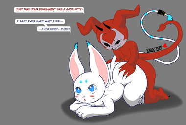 accessory anal anthro anthro_on_anthro big_butt black_eyes black_horn black_sclera blue_eyebrows blue_eyes blush bodily_fluids butt color_coded_text demi_impmon doggystyle drooling duo ear_tuft eyebrows from_behind_position fur furgonomics grey_background heart_eyes heart_symbol horn jewelry linked_speech_bubble male male/male male_anthro male_penetrated male_penetrating male_penetrating_male nude nude_anthro nude_male penetration pink_inner_ear pink_nose pupils red_body red_fur ring saliva sex shortstack simple_background spade_tail speech_bubble tail tail_accessory tail_jewelry tail_ring tears tears_of_pleasure text thick_thighs tuft whiskers white_body white_ears white_fur white_pupils wide_hips ema_imp~ bandai_namco digimon fan_character demon digimon_(species) gatomon hybrid imp impmon digital_media_(artwork) english_text hi_res