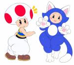 3_toes 4_fingers black_eyes blue_body blue_fur blush cat_suit_(mario) claws clothed clothing duo feet fingers fully_clothed fur looking_at_viewer male midriff on_one_leg simple_background standing surprise toes white_background white_body white_fur wide_hipped_male wide_hips sssonic2 mario_bros nintendo super_mario_3d_world cat_toad animal_humanoid blue_toad cat_humanoid felid felid_humanoid feline feline_humanoid humanoid mammal mammal_humanoid toad_(mario) digital_media_(artwork)