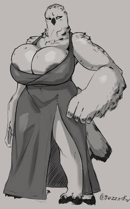 anthro areola areola_slip beak big_breasts breasts clothed clothed_anthro clothed_female clothing dress feather_hands feathers female front_view huge_breasts nipples non-mammal_breasts non-mammal_nipples solo standing jezzlen phoebe_(jezzlen) avian bird horned_owl owl snowy_owl true_owl greyscale hi_res monochrome