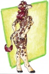 animal_print anthro biped breasts butt female giraffe_print hair horn nude ossicone red_hair solo standing tail foxene giraffe giraffid mammal traditional_media_(artwork)