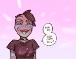 blush clothed clothing dialogue fangs female jewelry laugh necklace open_mouth shirt solo speech_bubble teeth text tongue tongue_out topwear torn_clothing yellowroom skip_(yellowroom) animal_humanoid fish fish_humanoid gobiiform humanoid marine marine_humanoid mudskipper 2018 english_text reaction_image sketch