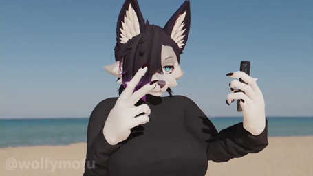 5_fingers anthro beach big_breasts black_hair black_nails blue_eyes breasts clothed clothing colored_nails detailed_background electronics emoji female fingers fur gesture hair hand_gesture holding_object inner_ear_fluff nails phone selfie solo surprised sweater teeth text topwear tuft turtleneck v_sign white_body white_fur wolfymofu vine_boom canid canine canis mammal wolf 16:9 2025 3d_(artwork) 3d_animation animated digital_media_(artwork) english_text hi_res high_framerate meme short_playtime sound video widescreen