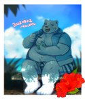 anthro bottomwear clothing cloud detailed_background eating food hoodie humanoid_hands kemono male overweight overweight_male shorts sitting solo topwear neco_no2 utau shirane_kan bear mammal polar_bear ursine 2023 hi_res