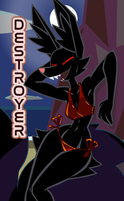 anthro beach big_ears bikini black_body black_fur breasts clothing female fluffy fluffy_tail fur inner_ear_fluff moon night red_bikini red_clothing red_swimwear sharp_teeth side-tie_bikini small_breasts solo string_bikini swimwear tail teeth text tuft two-piece_swimsuit wide_hips aygee dow_(aygee) canid canine fox mammal 2026 english_text