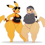 anthro anthrofied big_breasts big_butt bodily_fluids bottomless breasts butt clothed clothing crossgender curvy_figure duo eyewear female genitals hoodie huge_butt huge_thighs innie_pussy looking_at_viewer mtf_crossgender partially_clothed pokemorph pussy skimpy standing sunglasses sweat thick_thighs topwear voluptuous wide_hipped_anthro wide_hipped_female wide_hips sssonic2 third-party_edit nintendo pokemon big_booty_pikachu fan_character generation_1_pokemon mammal pikachu pokemon_(species) 2017 hi_res