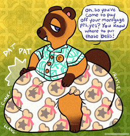 aloha_shirt anthro bells_(animal_crossing) big_diaper clanging clothing diaper fluffy fluffy_tail fur leaf_symbol male multicolored_body multicolored_fur offscreen_character pattern_clothing pattern_shirt pattern_topwear patting raccoon_mask rustling shirt solo speech_bubble storage tail talking_to_another text topwear subdivisions animal_crossing nintendo tom_nook_(animal_crossing) canid canine mammal raccoon_dog tanuki 2022 english_text hi_res