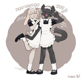anthro biped black_body black_fur clothed clothing crossdressing crossdressing_male duo eyes_closed fangs femboy fur gesture hand_gesture kemono maid_uniform male male_anthro open_mouth raised_leg simple_background smile tan_body tan_fur teeth uniform v_sign bebebebebe felid lagomorph leopard leporid mammal pantherine rabbit