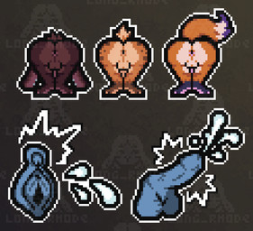ambiguous_gender anthro anus ass_up backsack balls bodily_fluids brown_body brown_fur butt chibi cum ejaculation erection fur genital_fluids genitals group male markings mooning multiple_piercings orange_body orange_fur pawpads penis perineum piercing pixelated presenting presenting_anus spots spotted_body spotted_fur sticker sticker_pack trio vaginal_fluids vaginal_squirting vulva long_rhode akad_(akadthefox) avriel_(peyotethehyena) rhode_(long_rhode) canid canine fox hyena lagomorph leporid mammal rabbit digital_media_(artwork) icon pixel_(artwork) nonbinary_(lore)