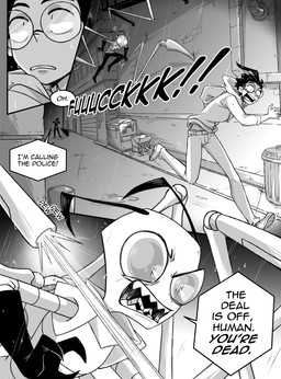 aged_up ahoge ambiguous_gender bald black_hair clothed clothing dialogue eyewear group hair male not_furry open_mouth raining running speech_bubble text topwear trio inimoose invader_zim nickelodeon dib_membrane zim_(invader_zim) alien alien_humanoid human humanoid irken mammal comic digital_media_(artwork) english_text hi_res monochrome