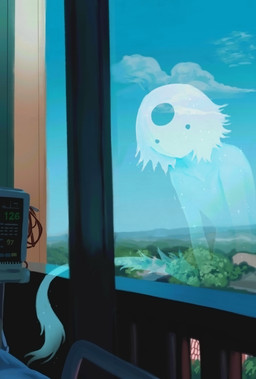 ambiguous_gender ambiguous_humanoid bed blue_sky day detailed_background forehead_gem furniture gem hospital hospital_bed looking_at_viewer mouthless noseless sky solid_circle_eyes solo tail translucent translucent_body white_body window jejejunum secret_(jejejunum) ghost humanoid spirit hi_res