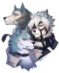 anthro bangs black_nose blue_eyes blush collar ear_fur eyebrows frown fur grey_body grey_eyes grey_fur group inner_ear_fluff looking_at_viewer male multicolored_body multicolored_fur muzzle_(object) necktie one_eye_obstructed red_eyes scowl serious_face side_profile simple_background three-quarter_view trio tuft white_background white_body white_fur worried valeskart beastars brand_new_animal mihoyo studio_trigger zenless_zone_zero legoshi_(beastars) shirou_ogami von_lycaon canid canine canis mammal wolf headshot_portrait hi_res portrait