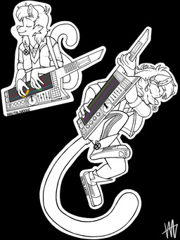 5_fingers anthro black_background bottomwear clothing electronics eyes_closed fingerless_gloves fingers fur gloves hair handwear headgear headphones headset humanoid_hands jacket keyboard_instrument keytar male multiple_poses musical_instrument outline pants pawpad_boots pose simple_background smile solo topwear whisker_spots white_outline brutalmoose_(artist) domestic_cat felid feline felis mammal 3:4 black_and_white hi_res monochrome spot_color