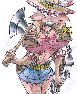 anthro axe belt big_breasts black_hair bottomwear breasts bullet bullet_belt clothing female gloves gun hair handgun handwear headgear headwear navel pistol ranged_weapon shorts solo toony weapon virus-20 june_coyote canid canine canis coyote mammal 2007 traditional_media_(artwork)