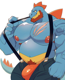 anthro anthrofied beard belly big_muscles big_pecs biped bulge detailed_bulge facial_hair huge_pecs male male_anthro muscular muscular_male nipples pecs pokemorph scar simple_background solo suspenders torazaki white_background lazy_tiggy nintendo pokemon fan_character alligatorid crocodilian feraligatr generation_2_pokemon pokemon_(species) reptile scalie character_request hi_res