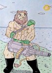 abs anthro areola barazoku biceps big_pecs bodily_fluids boots brown_eyes brown_mane bulge bullet camo camo_clothing camo_print camo_underwear cigarette clothing combat_boots fingerless_gloves footwear fur gatling_gun gloves grass green_clothing green_gloves green_handwear gun handwear heavy_weapon holding_object holding_ranged_weapon holding_weapon machine_gun male mane manly military military_clothing military_uniform muscular muscular_anthro muscular_arms muscular_male nipples obliques outside pattern_clothing pattern_underwear pecs plant ranged_weapon scar sea seaside shoes shoulder_pads smoke smoking soldier sweat sweatdrop tail tail_tuft tan_body tan_fur tuft underwear uniform warrior water weapon dashthefox felid lion mammal pantherine 2025 absurd_res hi_res traditional_media_(artwork)